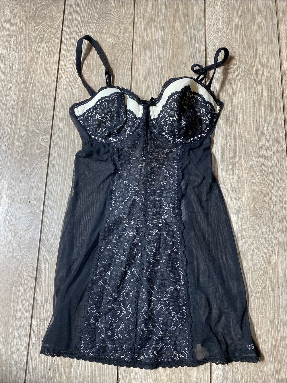 Victoria’s Secret Y2K Black Lace Mesh Garter Slip Babydoll Lingerie Sz 34D
